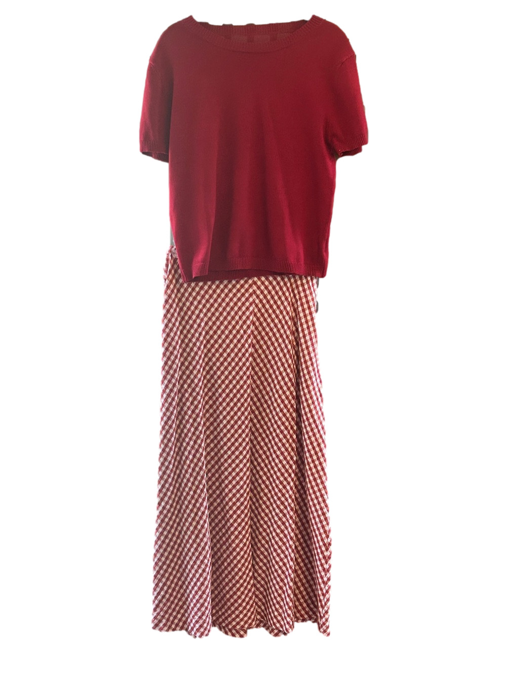 Autumn Burgundy Red Gingham Maxi Skirt Set Women's Flared Skirt + Sweater Top L